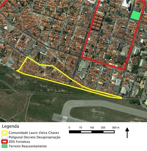 Planta com a delimitação da comunidade Lauro Vieira em azul e a ZEIS em Amarelo
