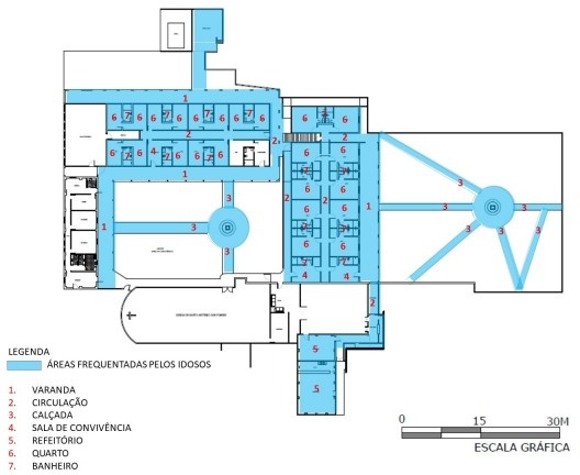 Casa do Pobre, planta com indicação das áreas frequentadas pelos idosos