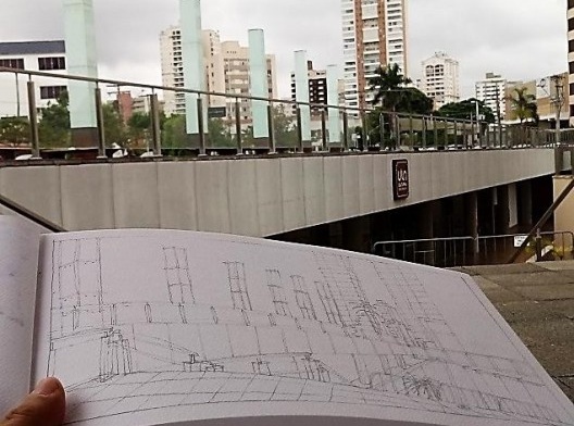 Esboço do arquiteto Juan Guillén diante da paisagem retratada