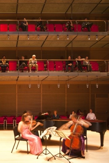 A stage level view of Calderwood Hall in the new wing of the Isabella Stewart Gardner Museum.