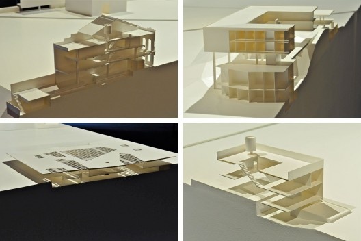 Detalhes da maquete conceitual em corte de projetos do MMBB Arquitetos. Exposição Território de Contato, Sesc Pompeia, 2012