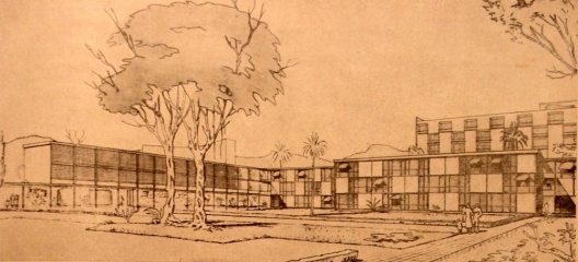 Esboço da perspectiva do bloco de edifícios de três paviemntos. Observar o jogo neoplástico na composição das fachadas