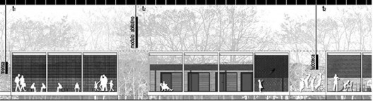 Modelo esquemático de usos dos módulos de infraestrutura com cobertura e dos módulos internos integrados como espaços de serviços e de habitação