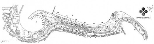 Planta Geral do Parque do Flamengo, 1965. O parque foi tombado antes mesmo de ser concluído e uma série de equipamentos deveriam ser objeto de projetos posteriores.