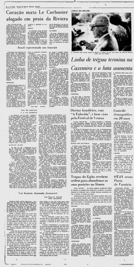 Jornal do Brasil, 28 de agosto de 1965, página 8, matérias sobre o falecimento do arquiteto Le Corbusier