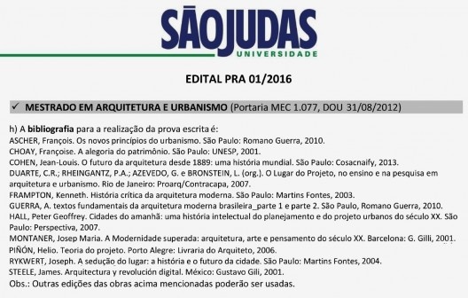 Edital de convocação de exame de seleção para alunos do mestrado da Universidade São Judas Tadeu em 2016