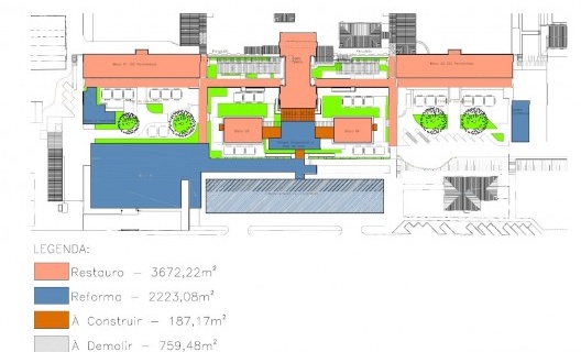 Estudo de implantação com a destinação de cada uma das construções existentes no perímetro, além dos edifícios novos