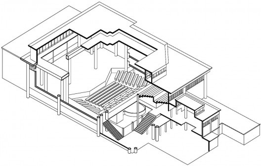 Esquema desenhado sobre uma perspectiva de Auguste Perret para o Teatro da Exposição de Artes Decorativas de 1925