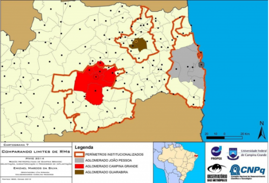 Amostra da relação entre perímetros institucionalizados e aglomerados das cidades-sede das regiões metropolitanas de João Pessoa, Campina Grande e Guarabira