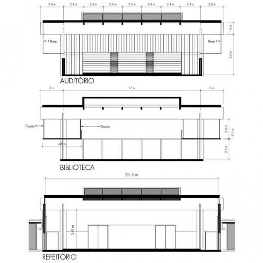 Saint Catherine’s College, cortes transversais do auditório, biblioteca e refeitório, de cima para baixo, Oxford, Inglaterra, 1959-1964, arquiteto Arne Jacobsen