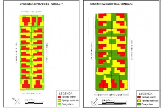 À esquerda, quadra 17, que detém o menor percentual de alterações nas tipologias construtivas do conjunto. À direita, quadra 14, que detém o maior percentual de alterações nas tipologias construtivas do conjunto