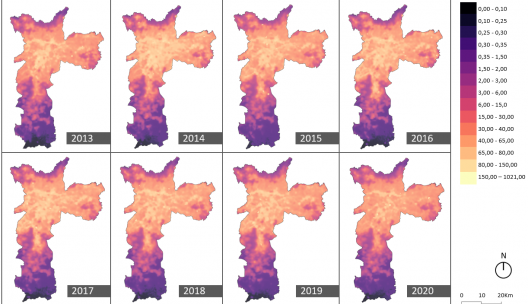 Radiância emitida no município de São Paulo entre 2013 e 2020. Unidade de medida: 10⁻⁹ W/cm² x sr