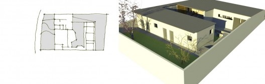 Desenho esquemático da planta baixa e perspectiva externa da casa Yara Bernedette, São Paulo, 1954, arquiteto Rino Levi