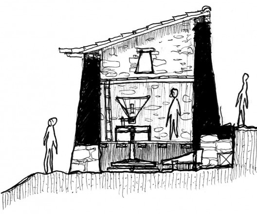 Reconstituição hipotética do moinho parnaibano, com jirau de armazenamento e um telhado simples com beiral despejando as águas pluviais em direção ao riacho