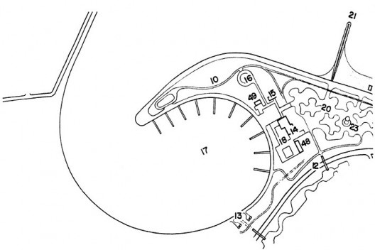 Plano original do Parque do Flamengo, 1965. Itens previstos para a extremidade da enseada, área de piqueniques, pista de danças e jardins circundantes, início da Praia do Flamengo, quebra-mar e área de pescaria, passarelas