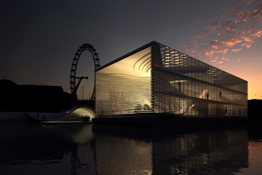 Adaptable Architecture Gallery on the Thames River Urban Competition – London 2008, vista externa noturna, menção honrosa. Arquitetos Victor Paixão, Miguel Felipe Muralha, Paula Sertório, Thiago Florez, André Mack, Bruno Castro