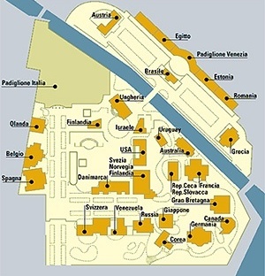 Planta dos pavilhões nacionais no parque de exposições \"Giardini di Castello\", principal lugar onde se celebra a Bienal de Veneza