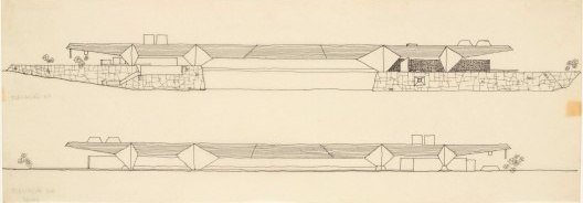 Hangar do Santa Paula Yacht Club, Interlagos, São Paulo, 1961. Arquitetos João Batista Artigas e Carlos Cascaldi. Elevação realizada pelo arquiteto para uma exposição em 1982. Inv.: AM 2013-2-440. Collection architecture du Musée national d’art moderne/C