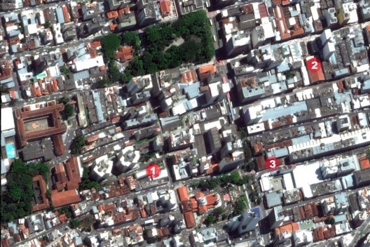 Localização dos edifícios em Juiz de Fora: 1) Fórum da Cultura; 2) Cine-Theatro Central; 3) Palacete Santa Mafalda
