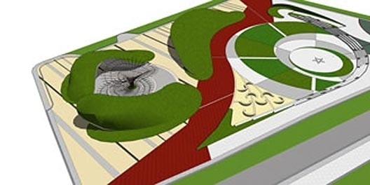 Vista geral na qual podem ser vistos a praça da tumbérgia, à esquerda, os bancos serpenteantes, ao centro, e o cuore, à direita