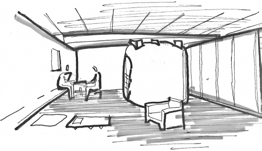 Casa Abbé Pierre con el módulos sanitario también como una pieza articuladora dentro del espacio de la casa