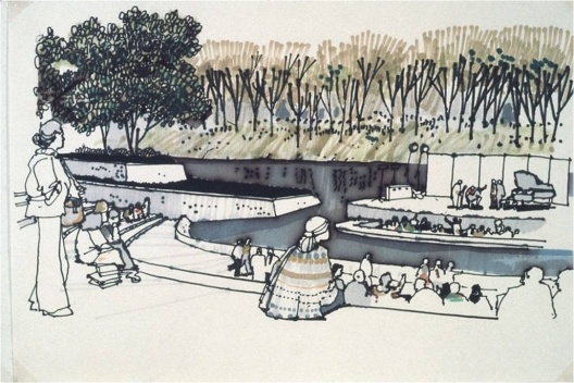 Teatro de Ópera de Campinas. Perspectiva artística de um concerto no palco situado em meio ao lago