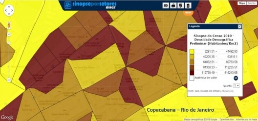 Detalhe das densidades em Copacabana, Rio de Janeiro RJ. Números atingem o intervalo de 1.127 a 4.162 hab/ha em alguns setores