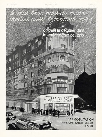 Cartaz publicitário do bar-degustação Cafés du Brésil, situado no bulevar Haussmann, anos 1930