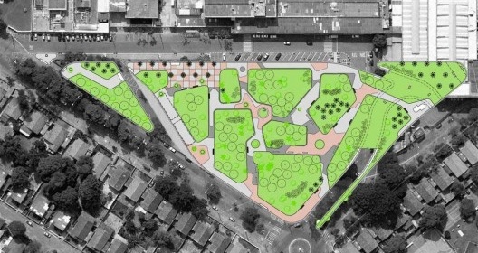 14. Praça de Bagatelle, Belo Horizonte, projeto de reforma, arquiteto Eduardo Barra, 2003. À direita, o viaduto de acesso ao edifício-garagem