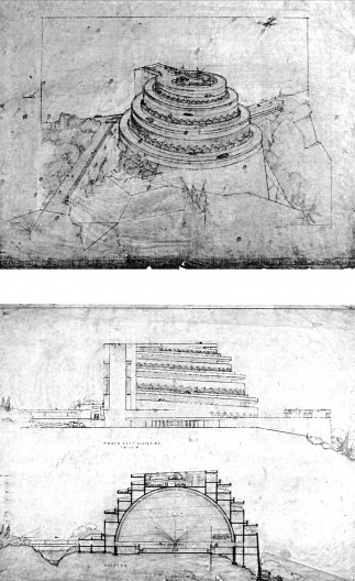 Projeto do Automobile Objective and Planetarium (1924-1925). Frank Lloyd Wright, Chicago