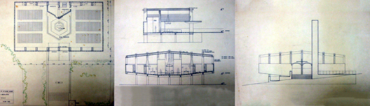 Igreja da Vila Madalena, desenhos do subsolo, térreo e cortes do projeto construído, São Paulo SP, 1957. Arquiteto Joaquim Guedes