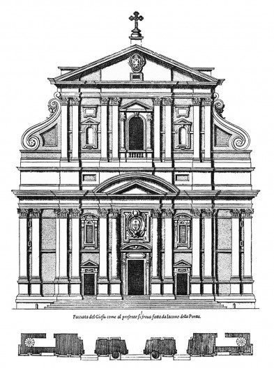 Projetos para fachada de Il Gesù, concurso, 1570. Arquitetos Jacopo Barozzi da Vignola e Giacomo Della Porta