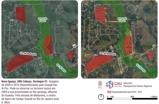 Empreendimentos imobiliários próximos ao Rio Ipiranga em Cabuçu. Escala aproximada de 1/18.000