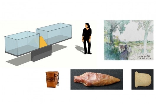 Museu do Trabalho e do Trabalhador, projeto museográfico, caminho Indígena, iconografia e ferramentas de trabalho - pontas de flecha, lâminas de machado, cestos etc.