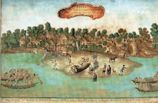 Vista del Pueblo de S. Joaquin de Omaguas provincia de Mainas en el río Marañon. Legenda: As Canoas de Ynfideles que atacaron la Poblacio hallando-se con pocas gente el Comisario, y fueron rechazados con muerte de algunos de dichos Ynfieles