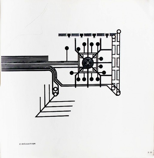 Páginas 3-35 do livro Itercity II: comparative analysis of intercity developments – publicado pela Harvard University GSD em 1964 – na qual consta o diagrama de circulação do projeto elaborado pela equipe de Munizaga