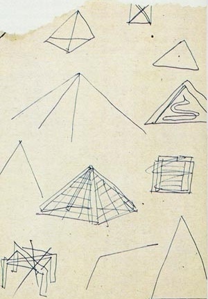 Esboços para pirâmide e, abaixo, à esquerda, estrutura de pórticos cruzados (riscada, decerto descartando momentaneamente a idéia)