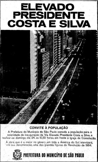 Convite publicado pela Prefeitura de São Paulo convidando a população para a inauguração do Elevado Costa e Silva, no dia 24 de janeiro de 1971