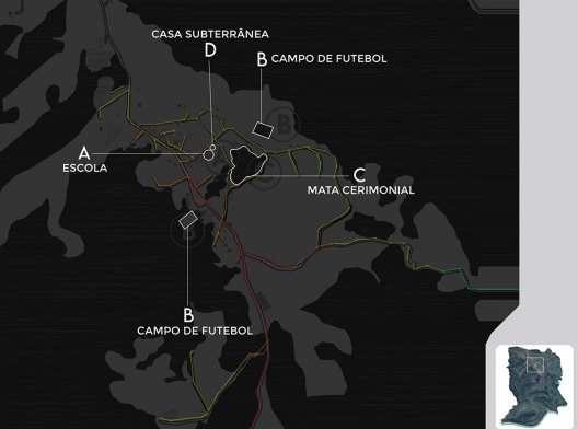 Sobreposição do mapa axial de integração com o mapa dos pontos simbólicos da aldeia