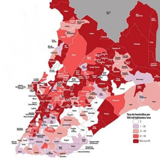 Mapa dos homicídios em Salvador, com base nos dados divulgados pela Secretaria da Segurança Pública (SSP) cruzados com informações do IBGE