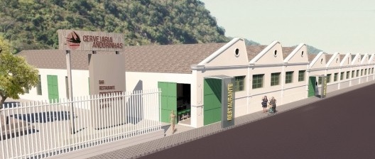 Montagem com modelo 3d da fábrica em seu novo uso, com novas aberturas nas fachadas respeitando seu ritmo e pequenos marcos visuais indicando a utilização de cada segmento, projeto de Silvia Scoralich de Carvalho, 2015
