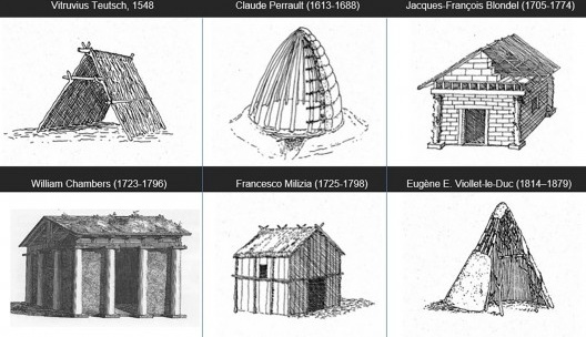 Modelos de cabanas primitivas, propostas por teóricos da arquitetura desde o séc. 16. Ainda que o elemento estrutural seja sempre destacado, a intenção do fechamento é fundamental e foge da proposta mais contraintuitiva — menos funcionalista, de Laugier