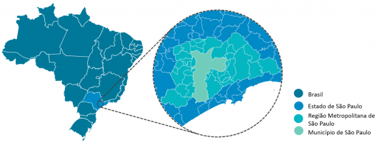 Indicação da localização do munícipio de São Paulo, considerando a escala estadual e nacional