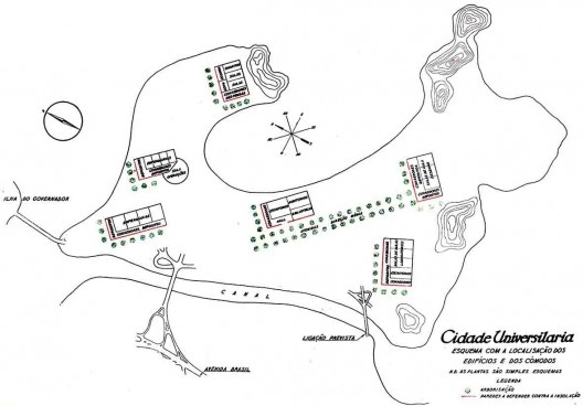 Estudo de Paulo Sá da implantação dos edifícios da Cidade Universitária da Universidade do Brasil (atual Universidade Federal do Rio de Janeiro) na Ilha do Governador em 1950 – projeto urbanístico do arquiteto Jorge Machado Moreira