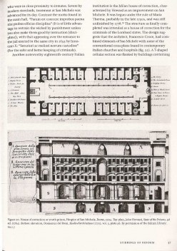 Planta baixa e vista das celas da casa de correção de San Michele, todas elas voltadas para parte central para maior vigilância
