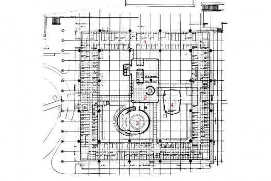 Planta projeto original. Legenda: 1. Anel – edifício principal; 2. edifício de serviços “Núcleo”; 3. sala de assembléias “Caracol”; 4. salas de comitê “diamante” (não construído no projeto original). Edifício Cepal, Santiago do Chile, arquiteto Emilio Duh