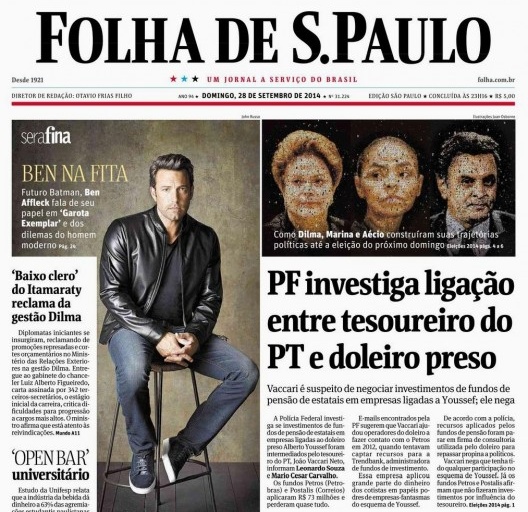 Capa do jornal Folha de S.Paulo, 28 de setembro de 2014