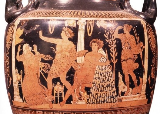 Cratera figurando Orestes abraçado ao ὀμφαλός no interior do Oráculo de Delphos, com Electra, Apolo e Ártemis, meados do séc. IV a.C. Terra cota, 90 cm (H)