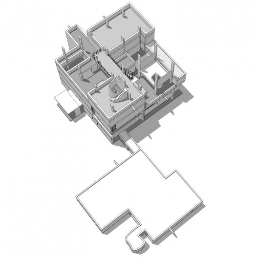 Casa Shodhan, vista axonométrica do quarto pavimento, Ahmedabad, Gujarat, Índia, 1951-56. Arquiteto Le Corbusier