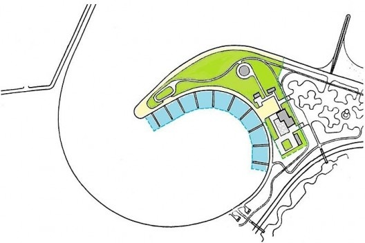 Trecho da enseada até a praia, destaque em cores das representações esquemáticas da área do projeto 1976 compreendendo marina e ripado de plantas sobre o Plano do Parque (1965)